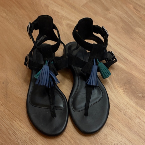 UGG Shoes - UGG Women's Black Suede T-Strap Sandals with Blue & Green Tassels sz 6 1/2